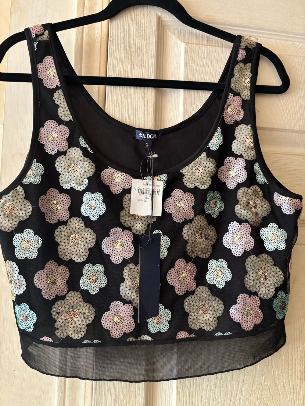 Tildon Black Sequin Floral Crop Tank with Pastel Accents